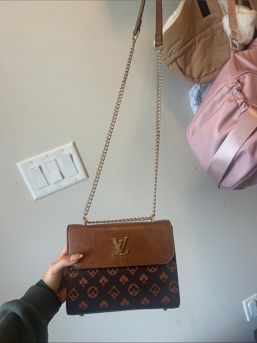 Brown Monogram-Print Chain Crossbody Bag